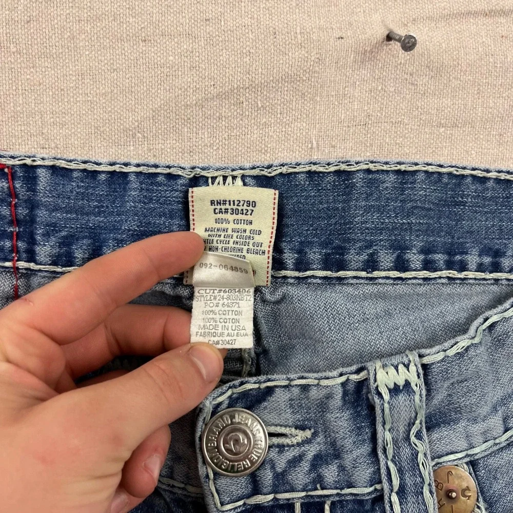 True Religion Joey‎ Super T Jeans Mens 36 Blue Distressed Flare Twisted Seam Low